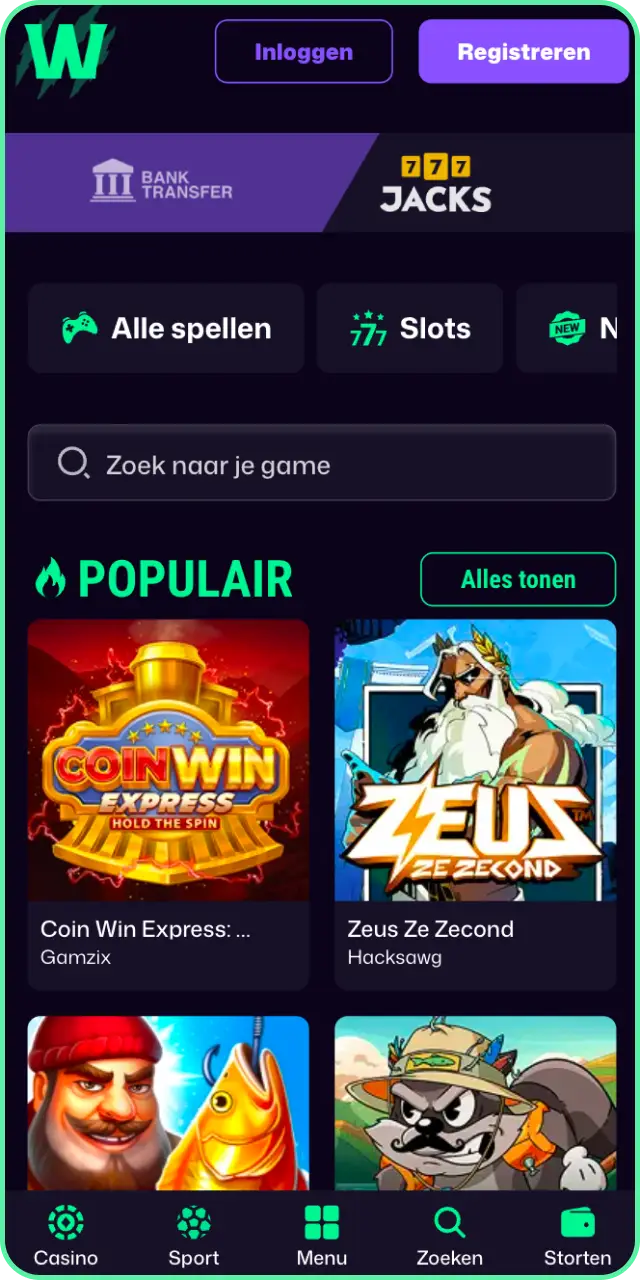 Bekijk de overzichtelijke interface van de Win Beast app hoofdpagina.