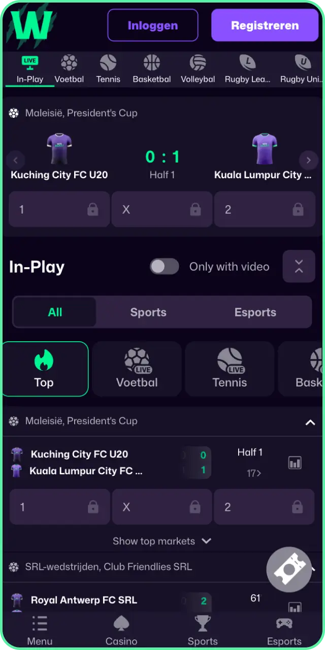 Verken de snelle interface van de Win Beast app sport sectie.