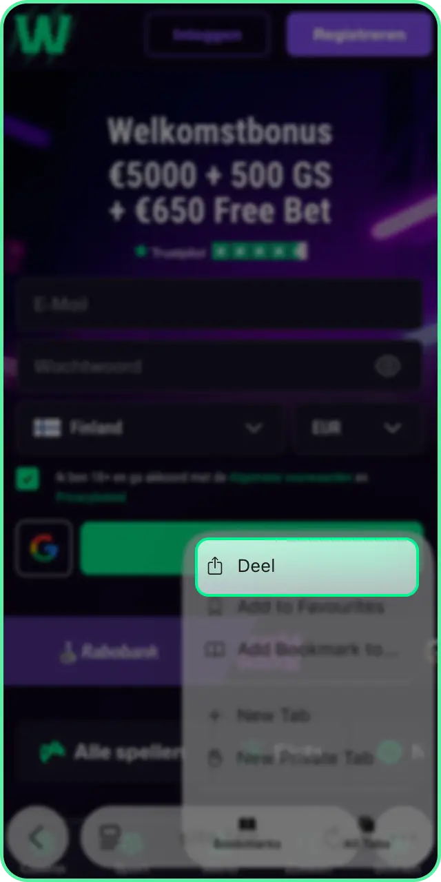 Tik op de knop Delen om de Win Beast iOS PWA app op te slaan.