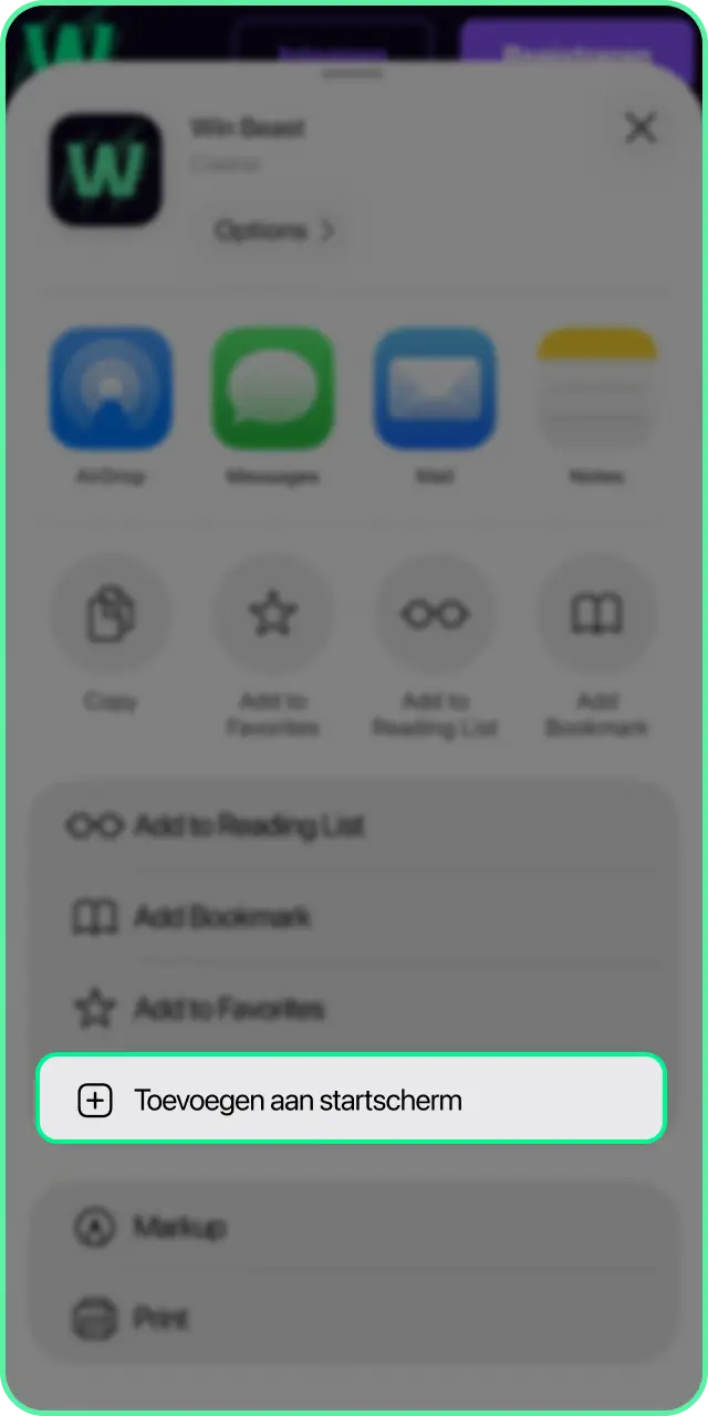 Selecteer Zet op beginscherm voor snelle toegang tot de Win Beast iOS PWA app.