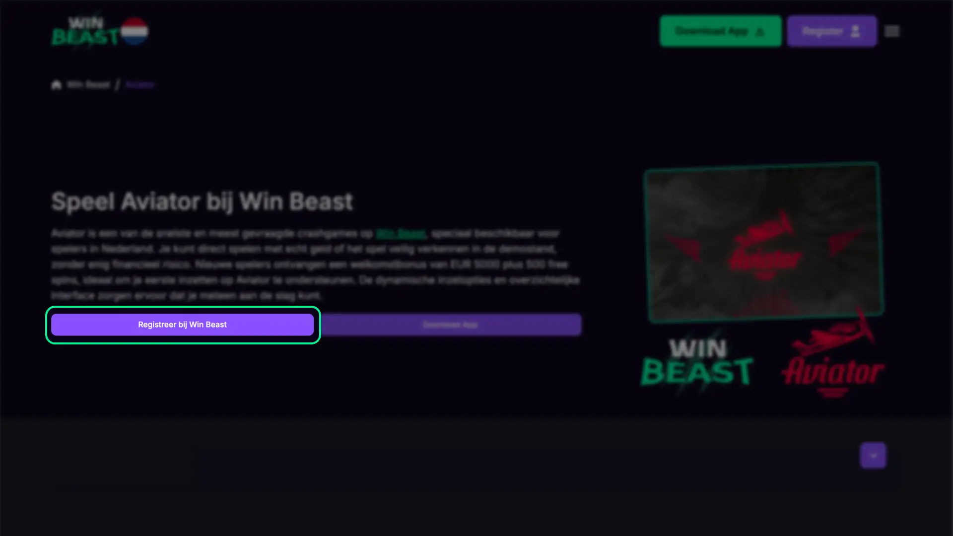 Klik op de knop om je Aviator registratie bij Win Beast te starten.