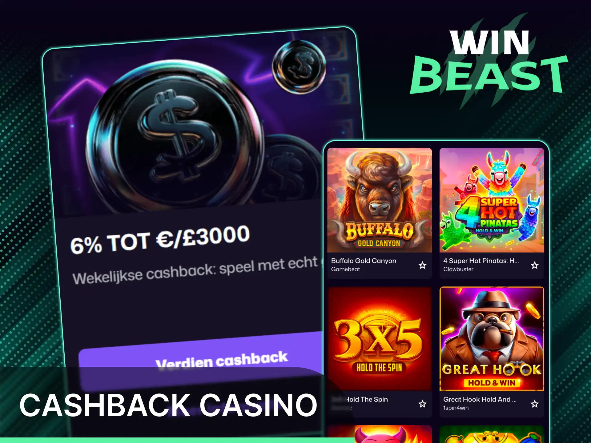 Ontvang cashback casinobonussen over je verliezen bij Win Beast.