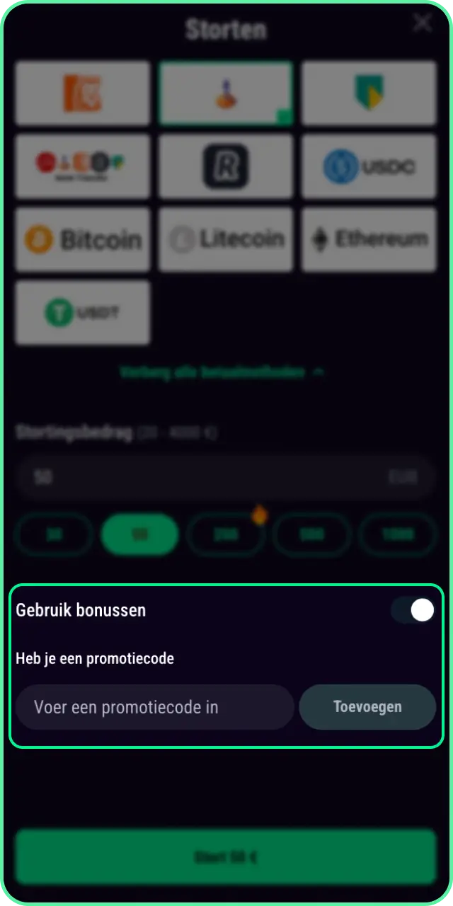 Voer een promotiecode in om extra tegoed voor je bonus te krijgen.