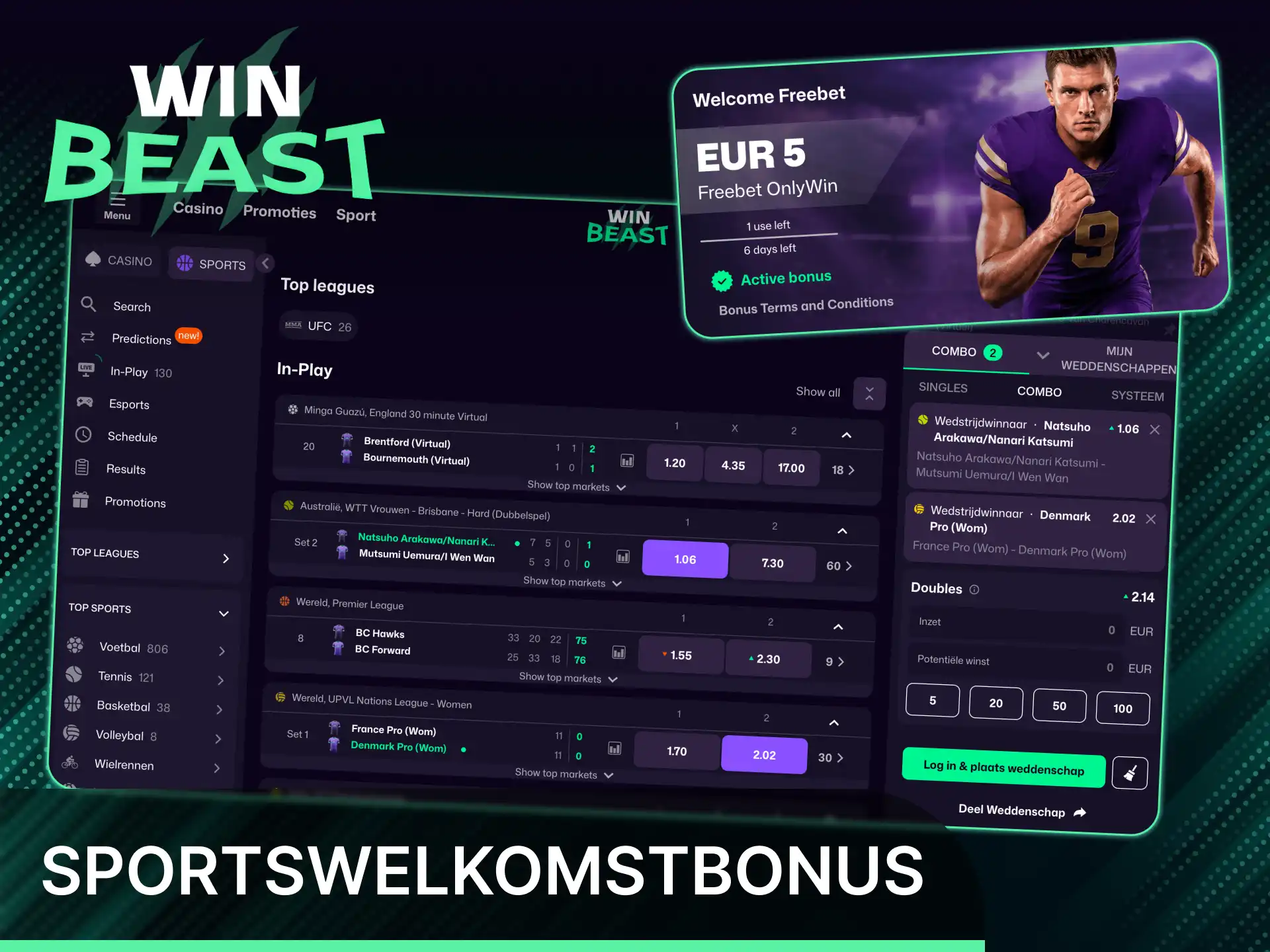 Claim een aantrekkelijke sportswelkomstbonus sportbonussen in het Win Beast sportboek.