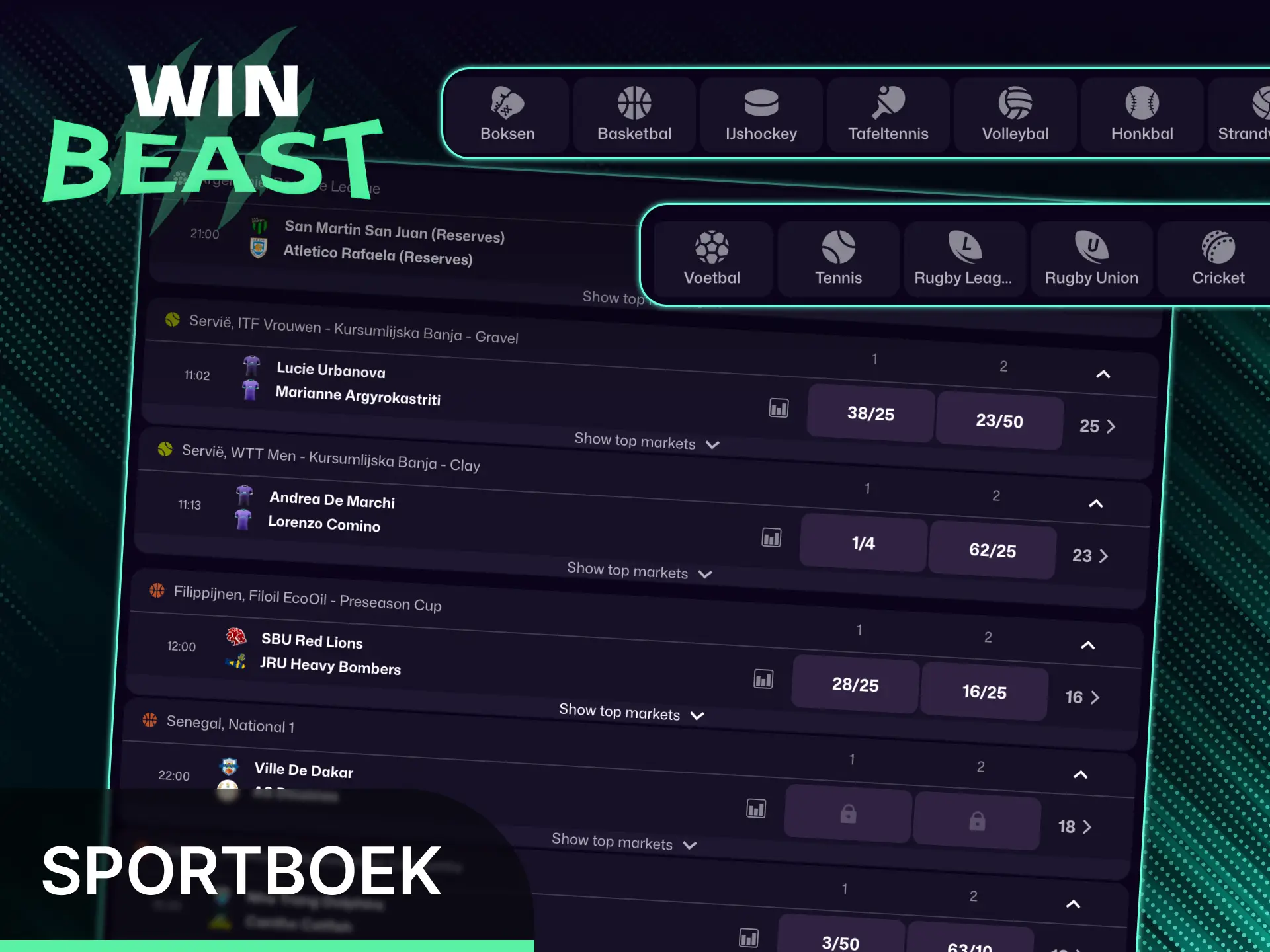 Zet in op jouw favoriete sporten in het Win Beast sportboek.