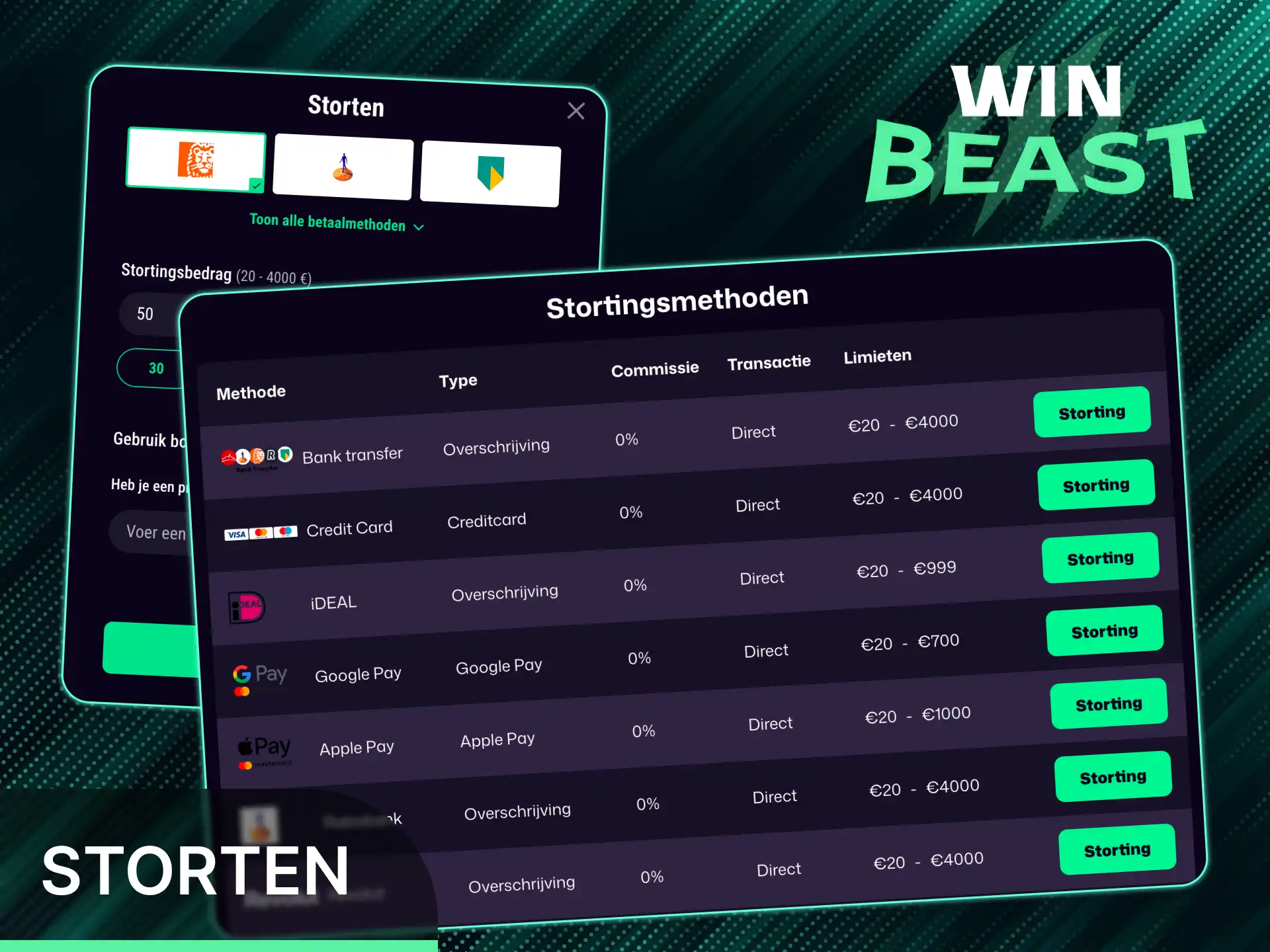 Gebruik veilige stortingsmethoden om geld toe te voegen bij Win Beast.