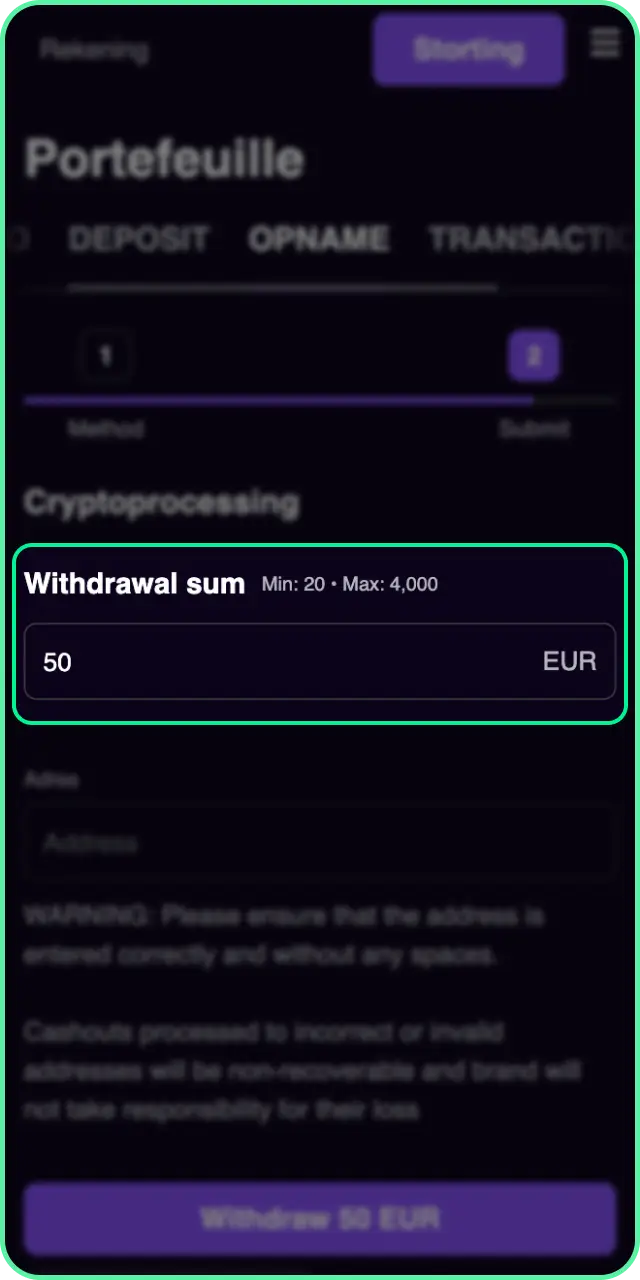 Voer het opnamebedrag in om geld opnemen via Win Beast voort te zetten.