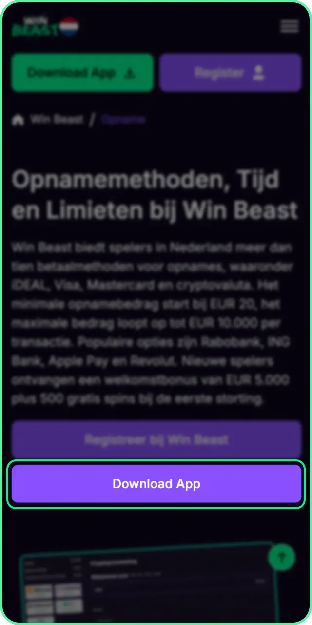 Log in op de website om het geld opnemen van Win Beast te starten.