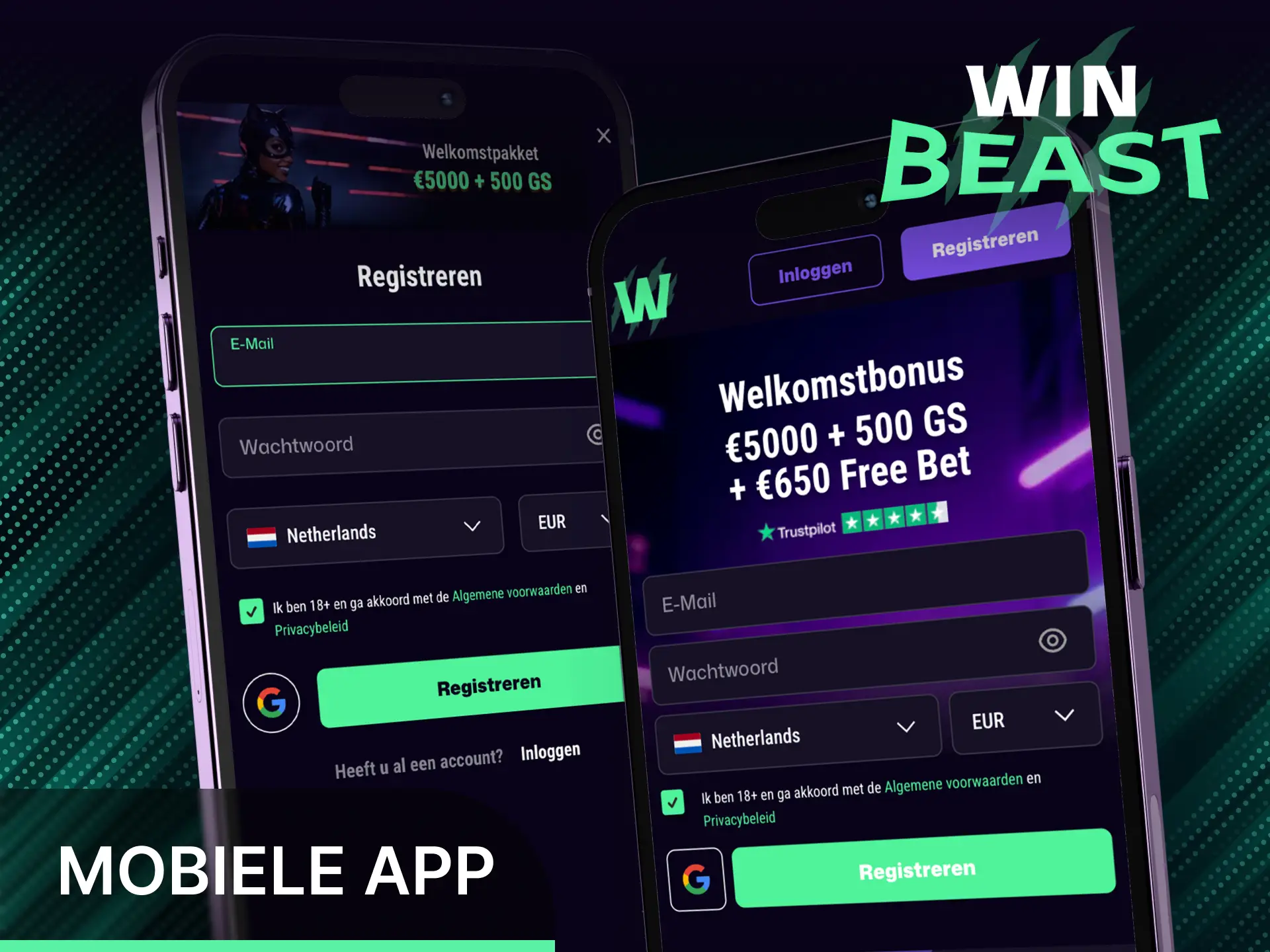 Doorloop de mobiele app registratie op jouw telefoon om direct bij Win Beast te spelen.