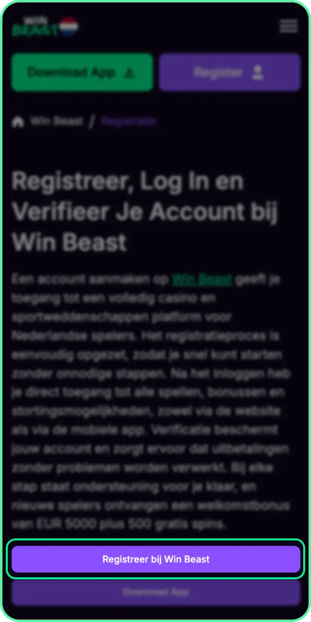 Klik op de knop om de Win Beast aanmeldingsinstructies te starten.